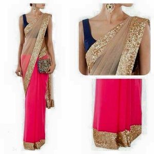 Gorgeous coral half and half saree